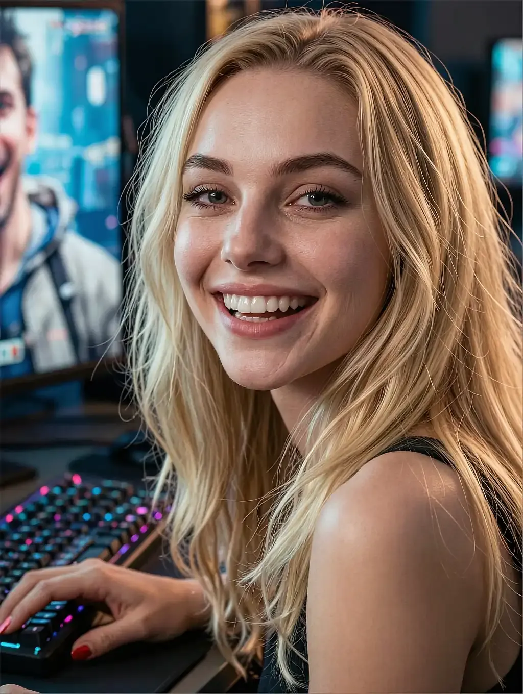 Fictional AI character in a hoodie lit by a monitor at night